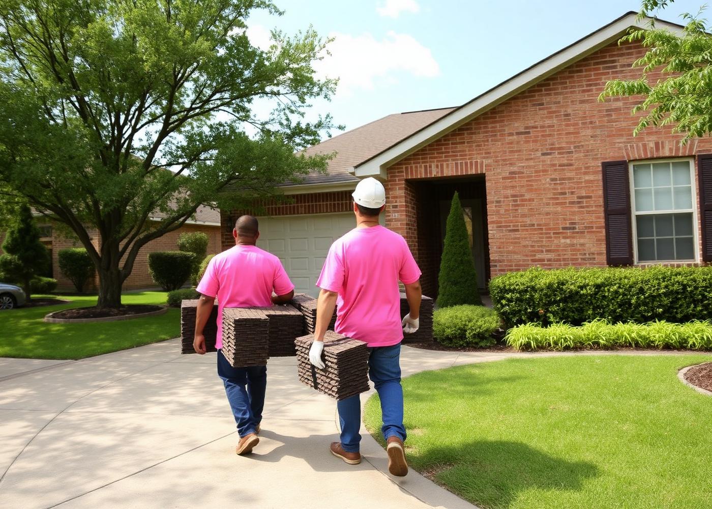 Equipo de Taboras Roofing con camisas rosas cargando tejas frente a una casa en Houston